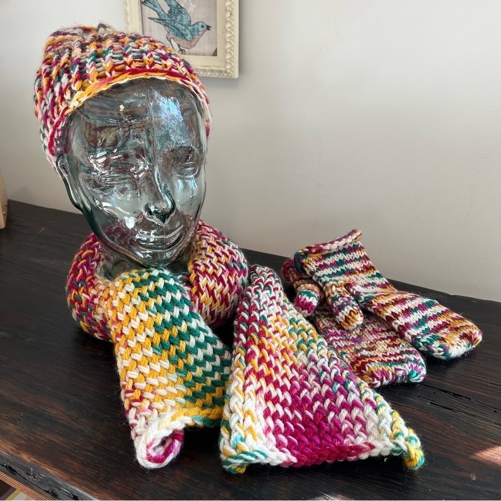 Handmade Multi-colored Knitted Set Hat Mittens Scarf